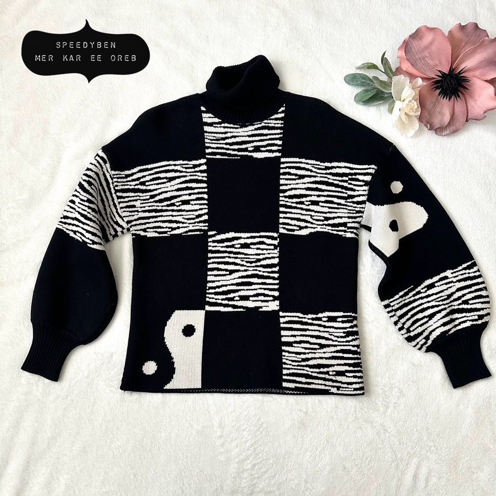 STAUD Zedd Abstract Yin Yang Zebra Turtleneck Sweater Size Medium